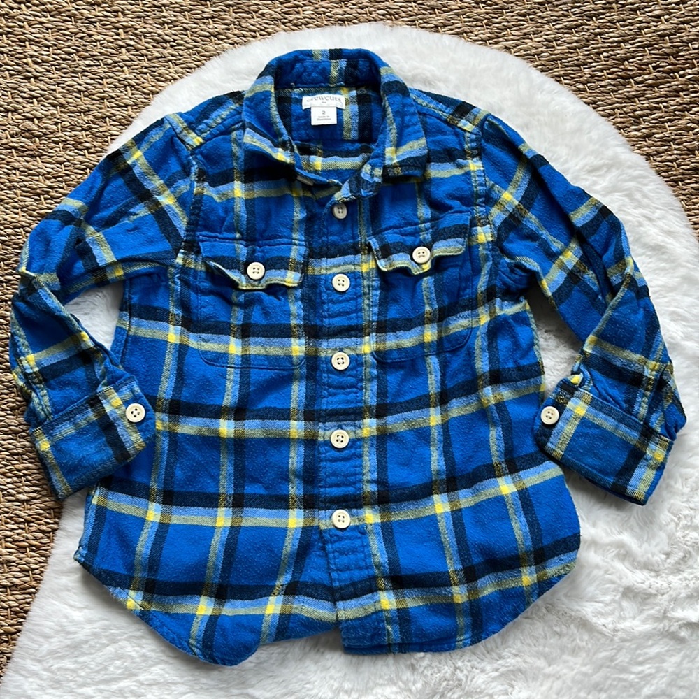 2T Crewcuts Blue, Yellow & Black Flannel Button Up Shirt